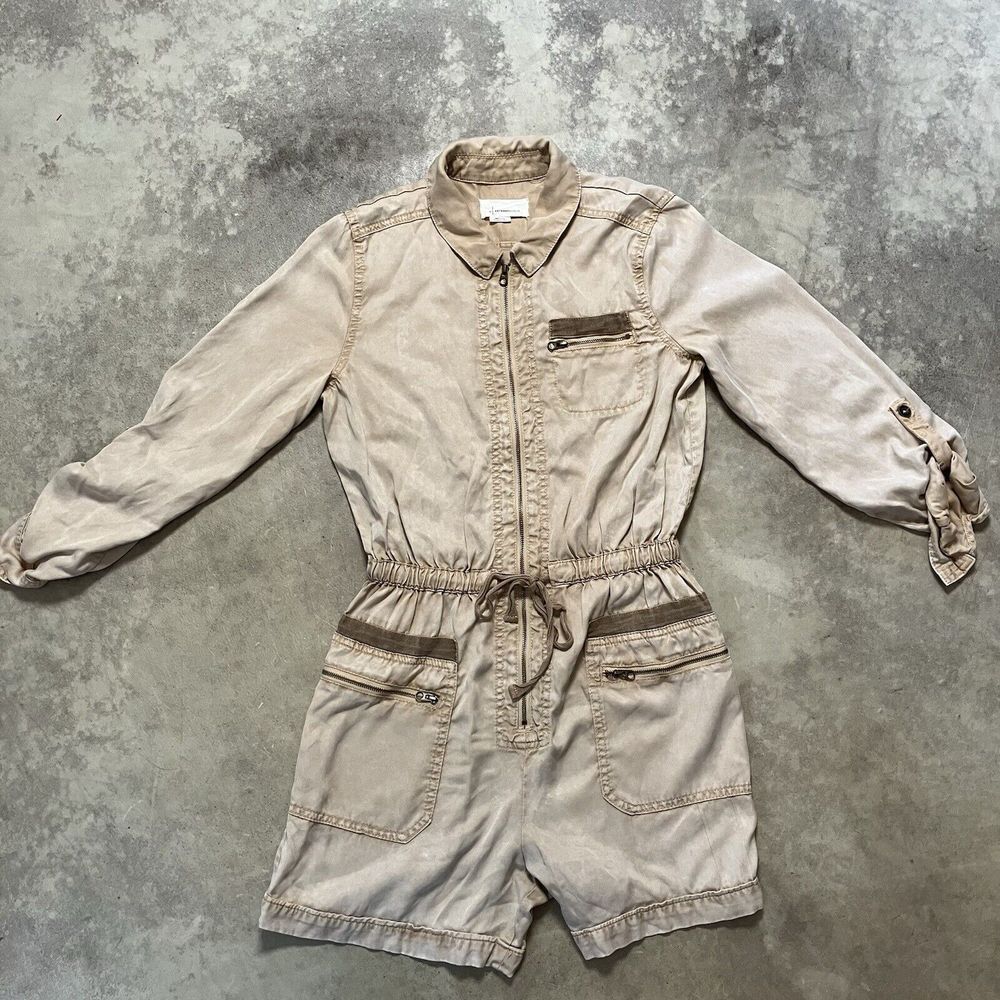 ANTHROPOLOGIE Romper Womens Small Beige Zip Up Playsuit Roll Tab Sleeve Safari‎